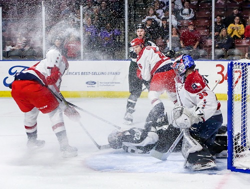 Allen Americans goaltender Jeremy Brodeur stands strong in a spray of ice