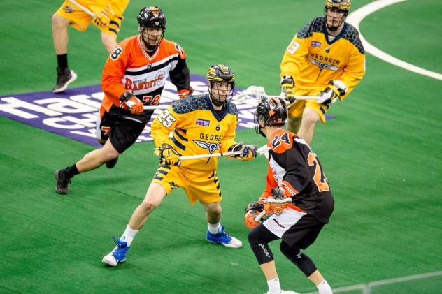 Leo Stouros (25) and Connor Sellars of the Georgia Swarm