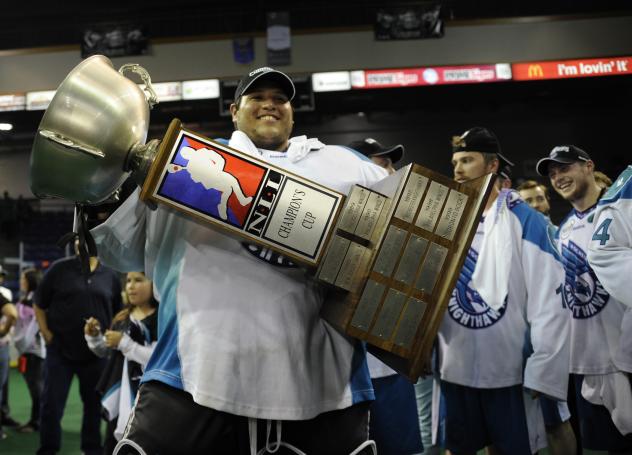 Angus Goodleaf of the Rochester Knighthawks hoists the NLL Champion's Cup