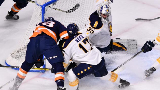 The Greenville Swamp Rabbits and Norfolk Admirals battle in front of the Norfolk goal