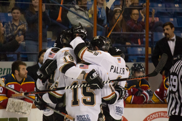 Fayetteville Marksmen celebrate a goal against the Peoria Rivermen