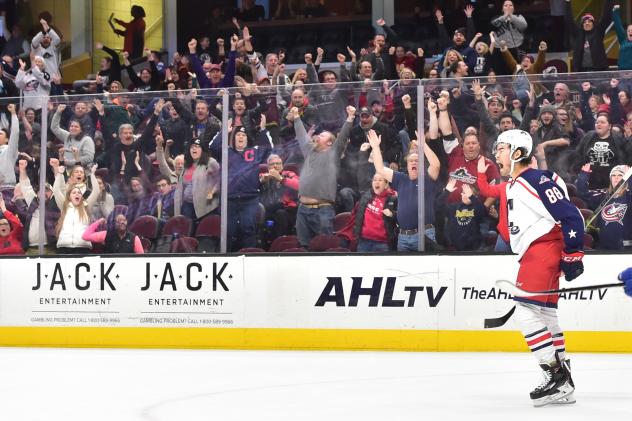 Cleveland Monsters RW Kole Sherwood celebrates with the crowd