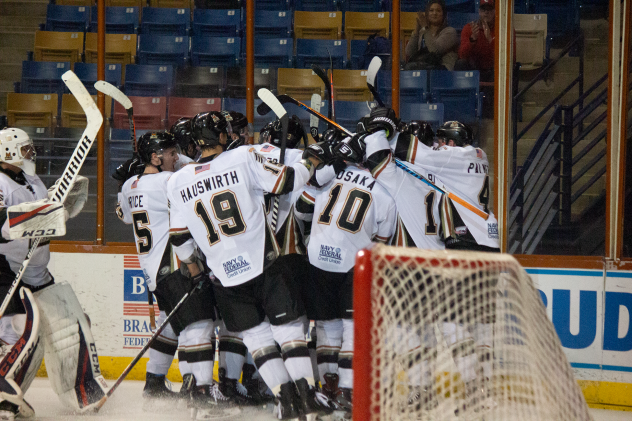 Fayetteville Marksmen celebrate Nolan Sheeran's winning goal vs. the Peoria Rivermen