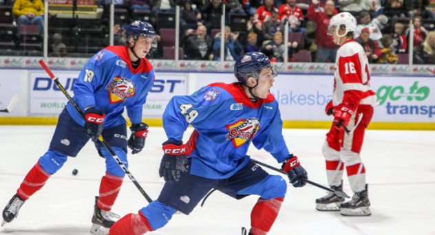 Saginaw Spirit forward Cole Coskey (49) vs. the Soo Greyhounds