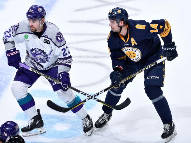 Orlando Solar Bears forward Brady Shaw and Norfolk Admirals forward Darik Angeli