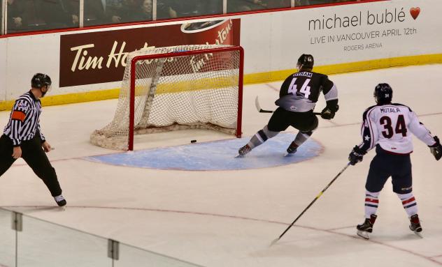 Bowen Byram of the Vancouver Giants scores against the Tri-City Americans