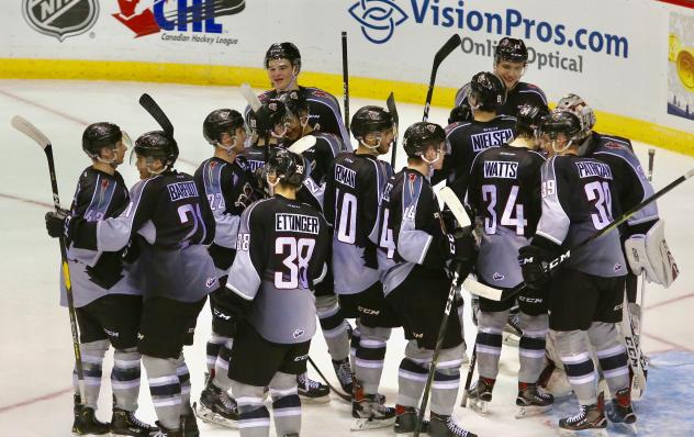 Vancouver Giants exchange congratulations after beating the Tri-City Americans