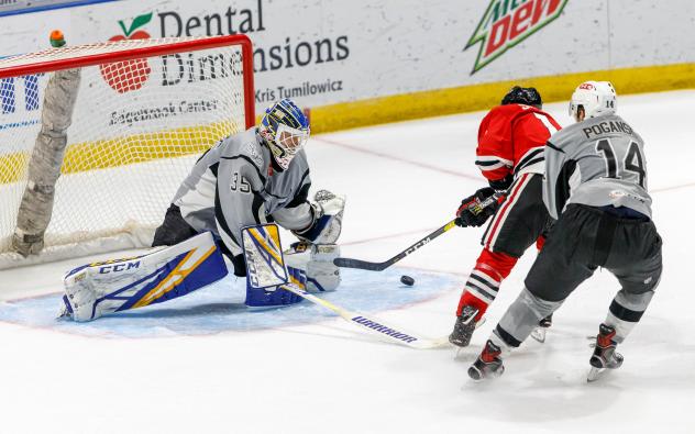 San Antonio Rampage goaltender Ville Husso makes a save in overtime
