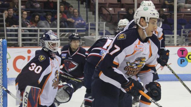 Greenville Swamp Rabbits defend their goal against the South Carolina Stingrays
