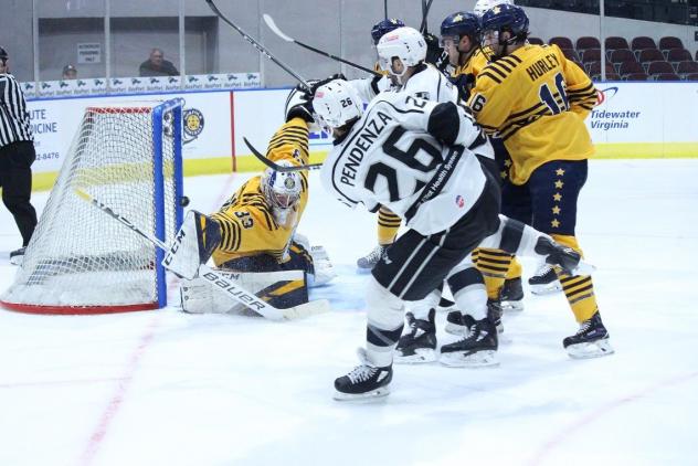 Joe Pendenza of the Manchester Monarchs scores against the Norfolk Admirals