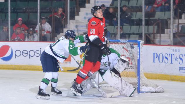 Jakob Reichert of the Adirondack Thunder in front of the Maine Mariners' net