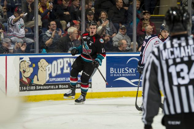 Kelowna Rockets LW Erik Gardiner celebrates a goal