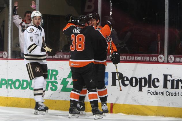 Lehigh Valley Phantoms celebrate a goal vs. the Hershey Bears