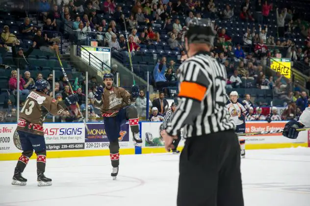 The Florida Everblades' Nathan Perkovich (second from left) had his first multi-goal game of the season on Friday night