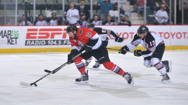 Shane Conacher of the Adirondack Thunder races up the ice against the Brampton Beast