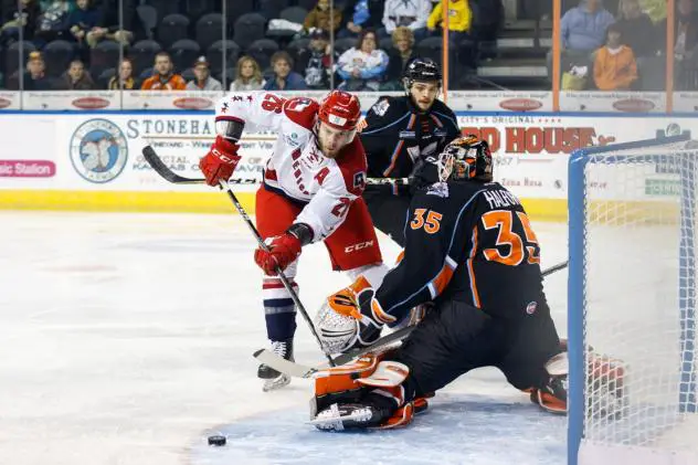 Allen Americans center Spencer Asuchak tests the Kansas City Mavericks goaltender