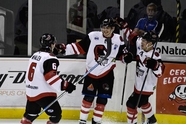 Corpus Christi IceRays forward Nicholas Seitz receives congratulations after scoring