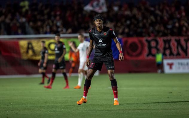 Kevon Lambert of Phoenix Rising FC stares down the opposition during a match at the Phoenix Rising Soccer Complex