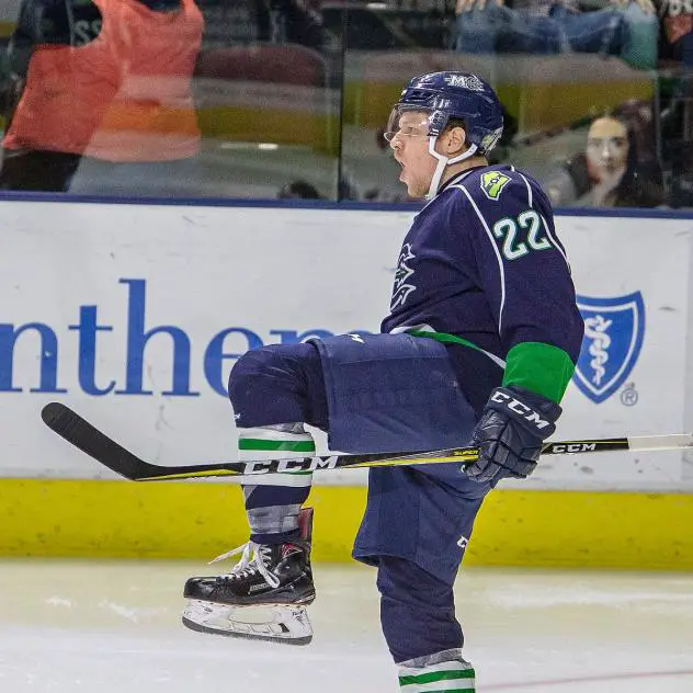 Maine Mariners forward Justin Breton celebrates a goal