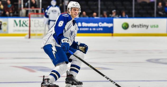 Former Orlando Solar Bears defenseman Nolan Valleau with the Syracuse Crunch