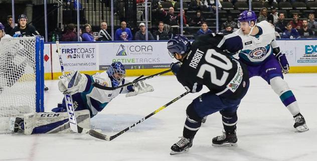 Orlando Solar Bears goaltender Martin Ouellette makes a diving stop