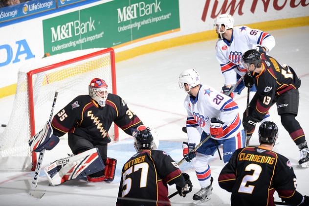 Cleveland Monsters goaltender Jean-Francois Berube faces the Rochester Americans