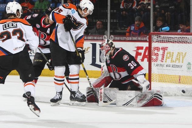Lehigh Valley Phantoms center Connor Bunnaman scores against the Belleville Senators