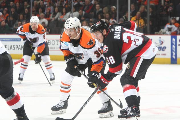 Lehigh Valley Phantoms LW Alex Krushelnyski awaits puck drop against the Belleville Senators