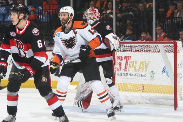 Lehigh Valley Phantoms RW Colin McDonald sets up in front of the Belleville Senators' goal