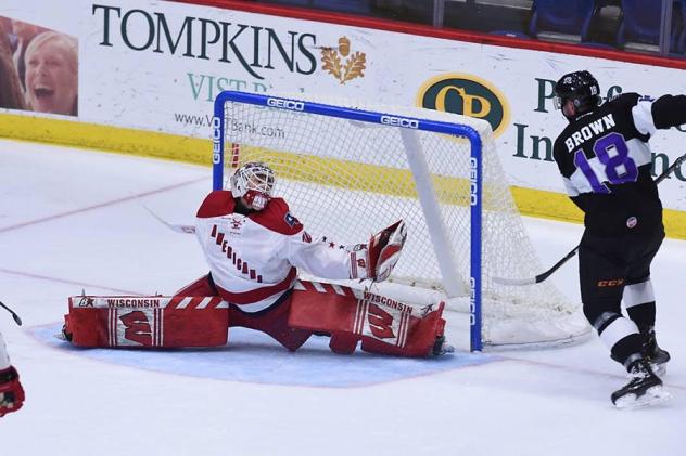 Allen Americans goaltender Kyle Hayton sprawls to make a save against the Reading Royals