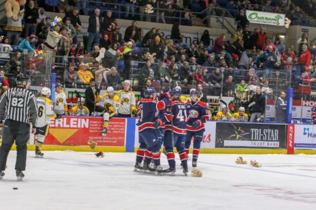 Saginaw Spirit celebrate Albert Michnac's Teddy Bear goal