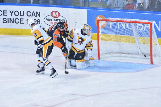 Lehigh Valley Phantoms RW Colin McDonald tests the Wilkes-Barre/Scranton Penguins goaltender