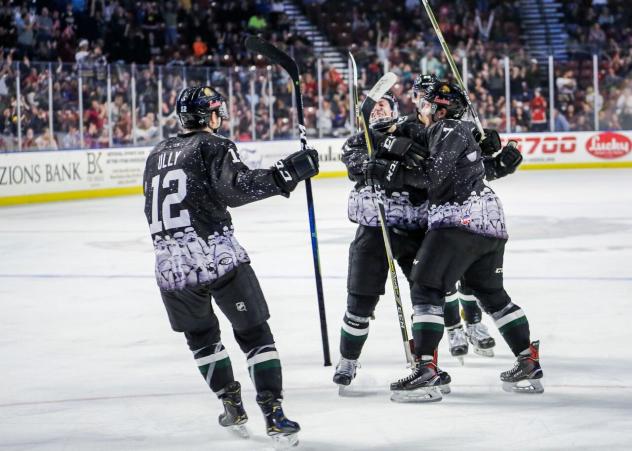 Utah Grizzlies exchange congratulations following a goal