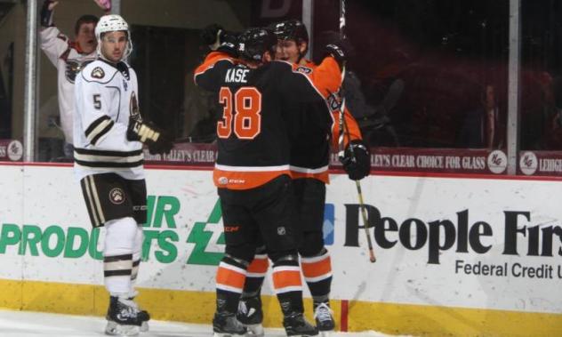 Lehigh Valley Phantoms celebrate a goal against the Hershey Bears