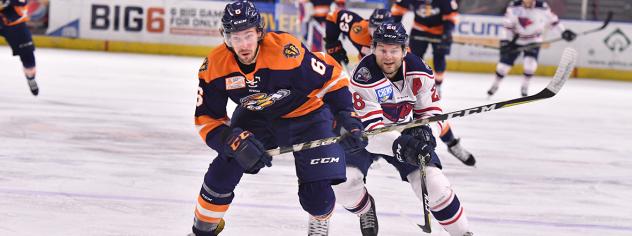 South Carolina Stingrays forward Andrew Cherniwchan (right) battles for position against Greenville Swamp Rabbits defenseman Dan Milan