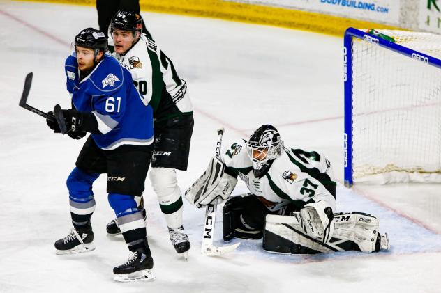 Utah Grizzlies goaltender Kevin Carr readies himself against the Idaho Steelheads