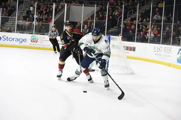 Mike Neville (right) of the Florida Everblades scored the final goal of the game vs. the Atlanta Gladiators on Thursday