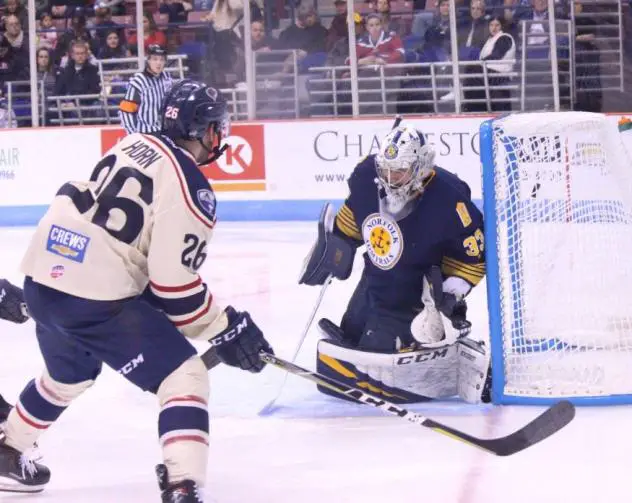 Norfolk Admirals goaltender Ty Reichenbach makes a save against the South Carolina Stingrays