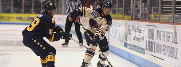 South Carolina Stingrays defenseman Cameron Baker (right) vs. the Norfolk Admirals