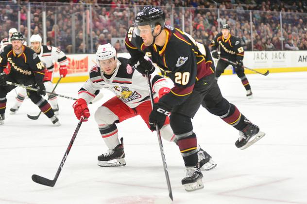 Cleveland Monsters center Justin Scott vs. the Grand Rapids Griffins