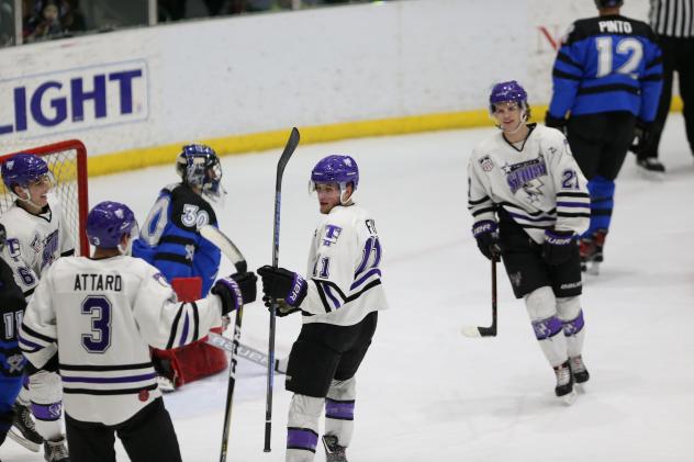 Tri-City Storm celebrate vs. the Lincoln Stars