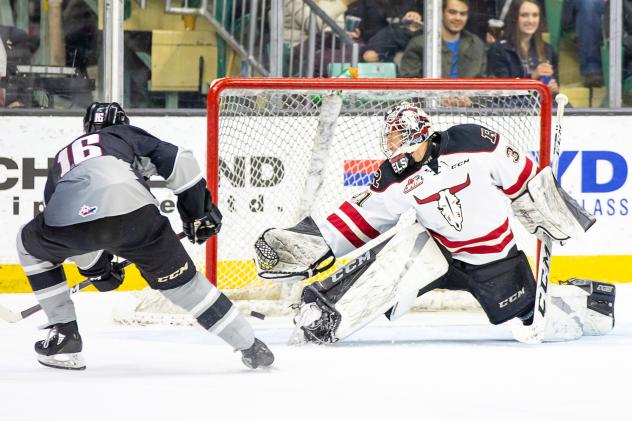 Davis Koch of the Vancouver Giants beats the Red Deer Rebels for a goal