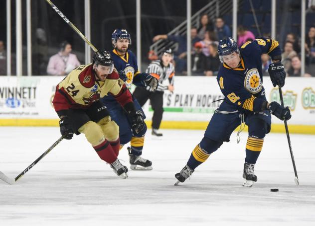 Norfolk Admirals defenseman TJ Melancon (right) vs. the Atlanta Gladiators