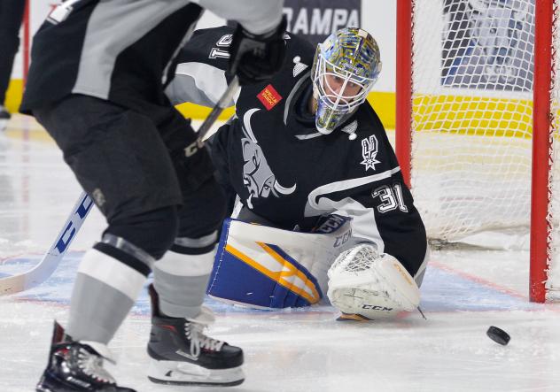 San Antonio Rampage goaltender Jordan Binnington makes one of his 37 saves