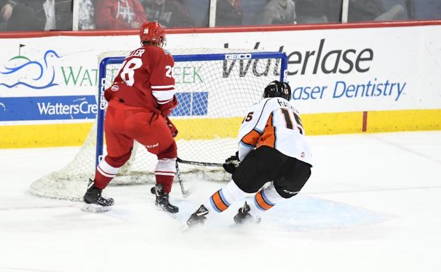 Adam Miller of the Allen Americans scores against the Kansas City Mavericks
