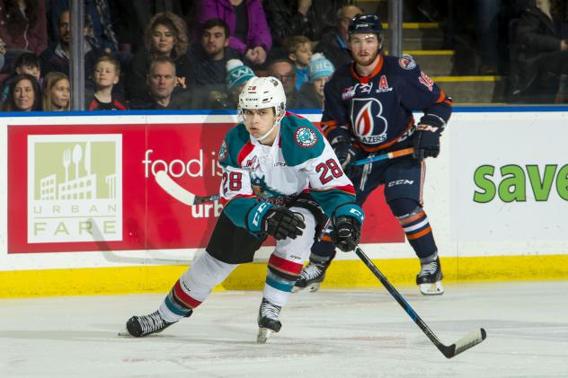 Kelowna Rockets defenceman Joe Gatenby vs. the Kamloops Blazers
