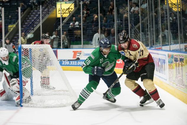 Florida Everblades defenseman Justin Wade (left) vs. the Atlanta Gladiators