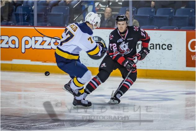 Niagara IceDogs RW Bradley Johnson (right) vs. the Erie Otters