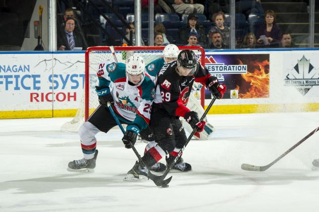 Kelowna Rockets battle the Prince George Cougars for the puck