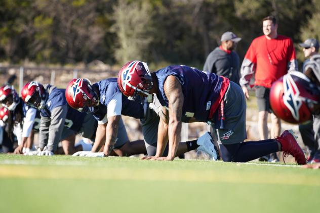 Memphis Express players stretching at the team's first practice